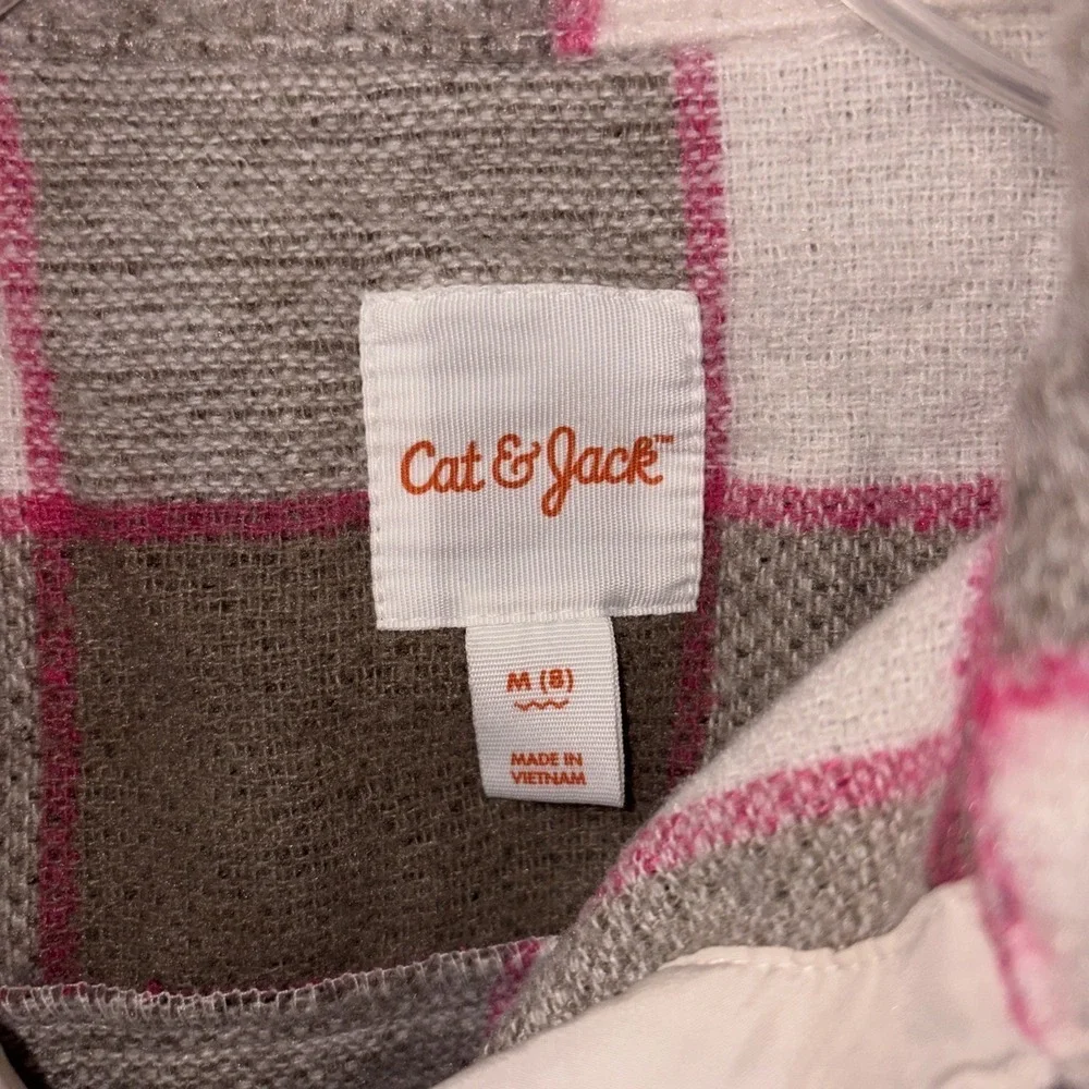 Cat & Jack Plaid Button Down Shirt Jacket for Girls Medium 8 Brown Pink White